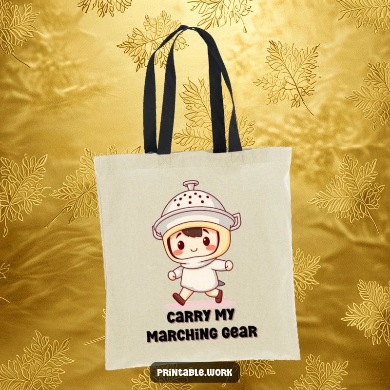 Funny Tote Bag: Durable tote featuring a kawaii character marching forward with a colander helmet, perfect for carrying daily items.