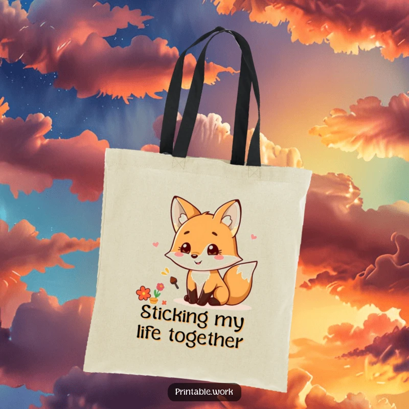 Funny Kawaii Fox Scrapbooking Tote Bag with a smiling fox holding glue, decorating a scrapbook, perfect for carrying craft supplies and a funny gift.
