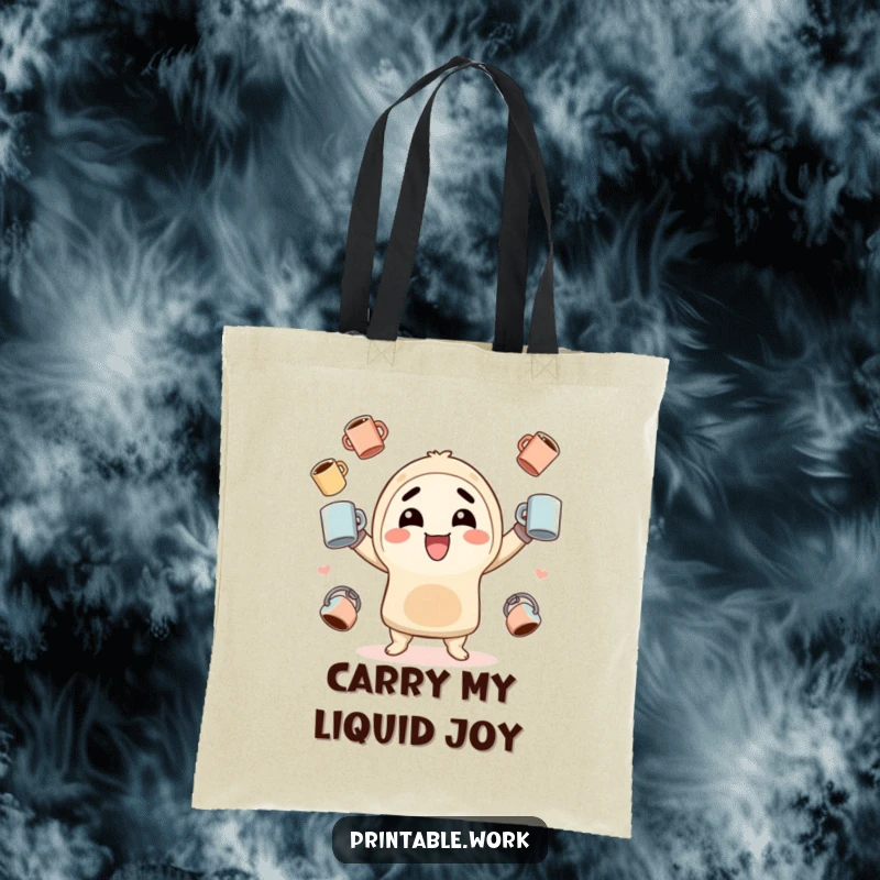 Funny Tote Bag: Charming kawaii character juggling coffee mugs with a big grin, a practical and humorous accessory for daily use.