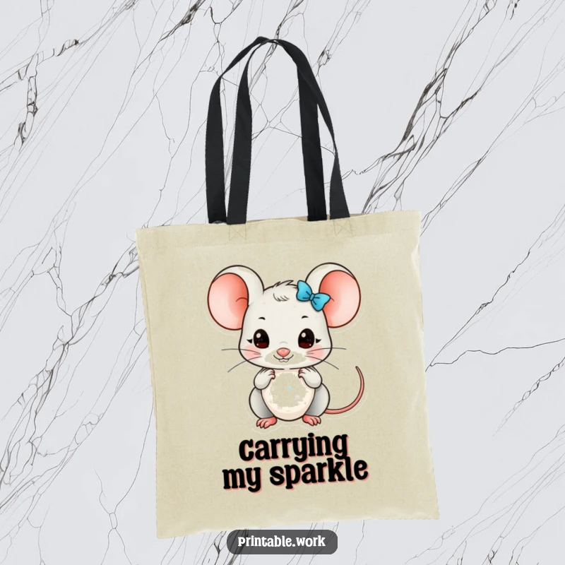 Funny Kawaii mouse character meticulously arranging glittery embellishments on a tote bag, perfect for craft supplies.