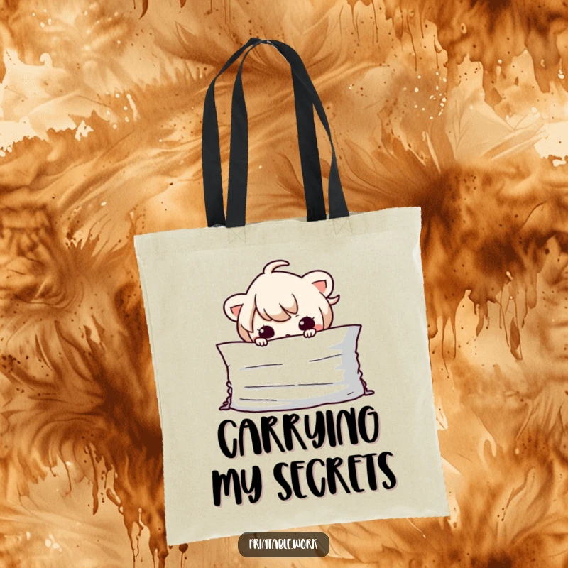 Funny Kawaii character peeking from behind a stack of paper on a durable tote bag, perfect for keeping secrets safe.