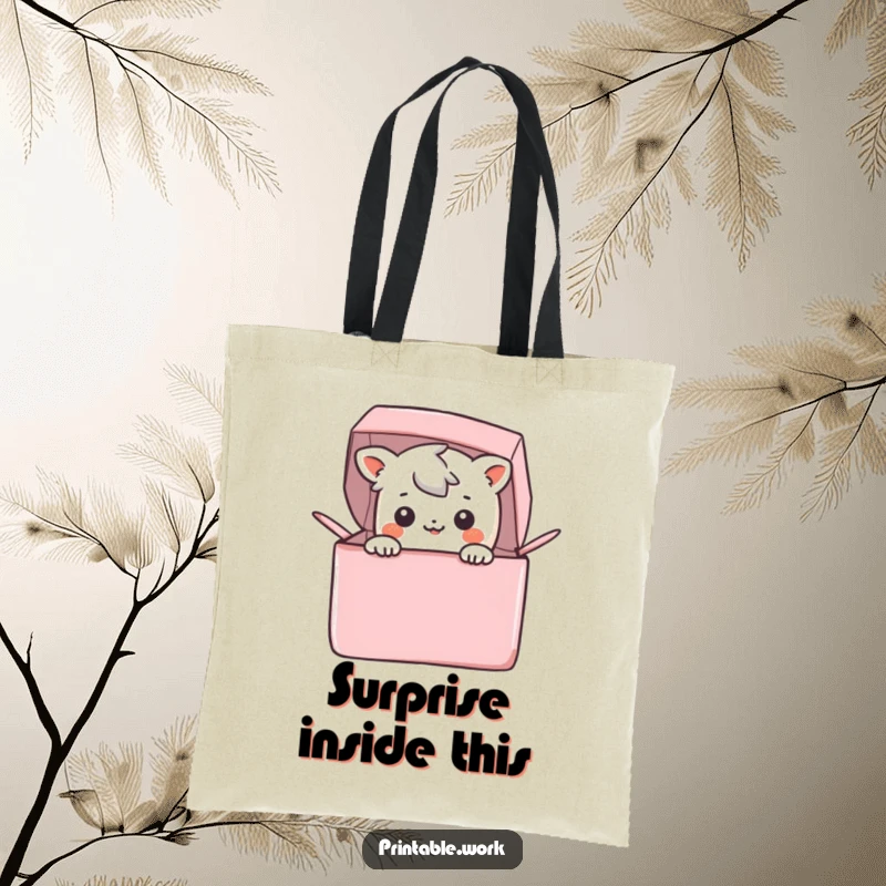 Funny Tote Bag: A delightful Kawaii character is peeking out playfully from a colorful, open box, perfect for errands.