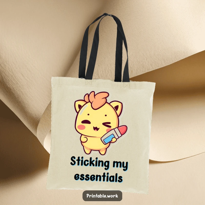 Funny Tote Bag: A mischievous Kawaii character winks mischievously, holding a glue stick, ready for crafting adventures.