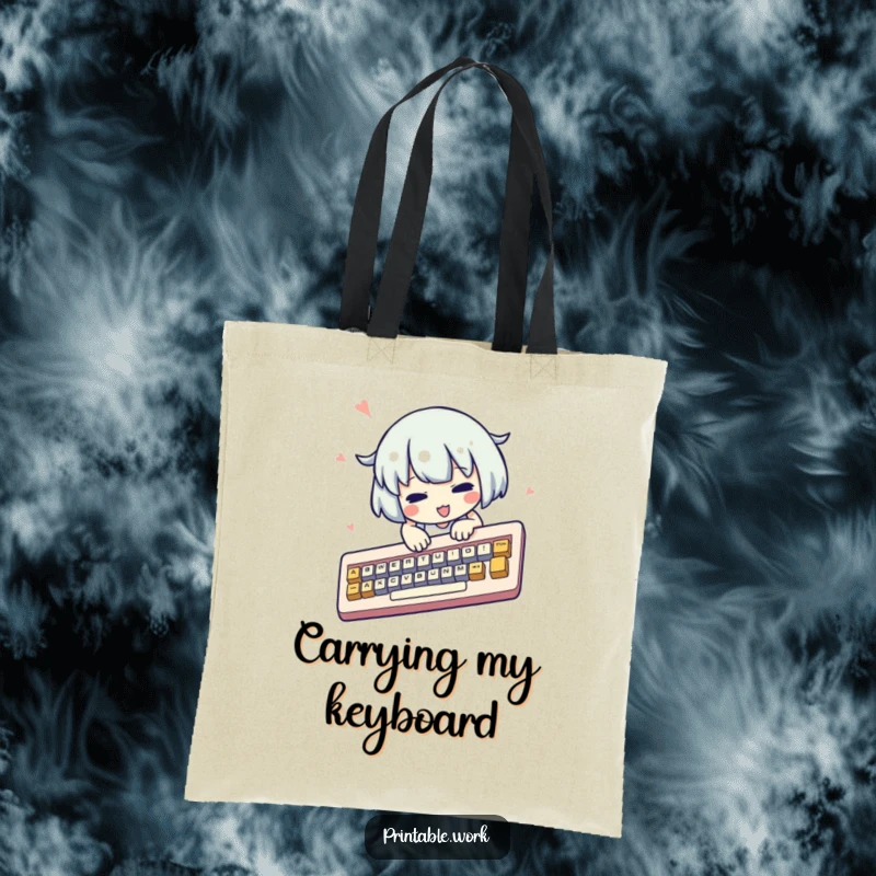 Funny kawaii character tote bag, frantically typing on a comically oversized keyboard, cute, busy, humorous accessory, gift.