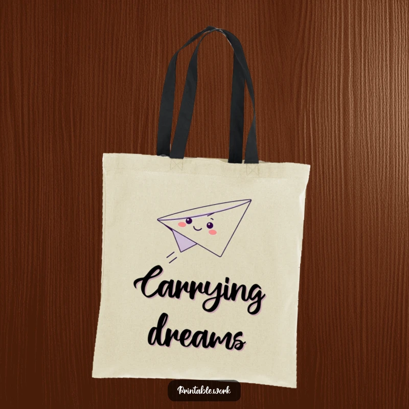 Funny Paper Airplane Tote Bag featuring a cute smiling paper airplane character soaring through the air, ideal for stylish, whimsical carrying.