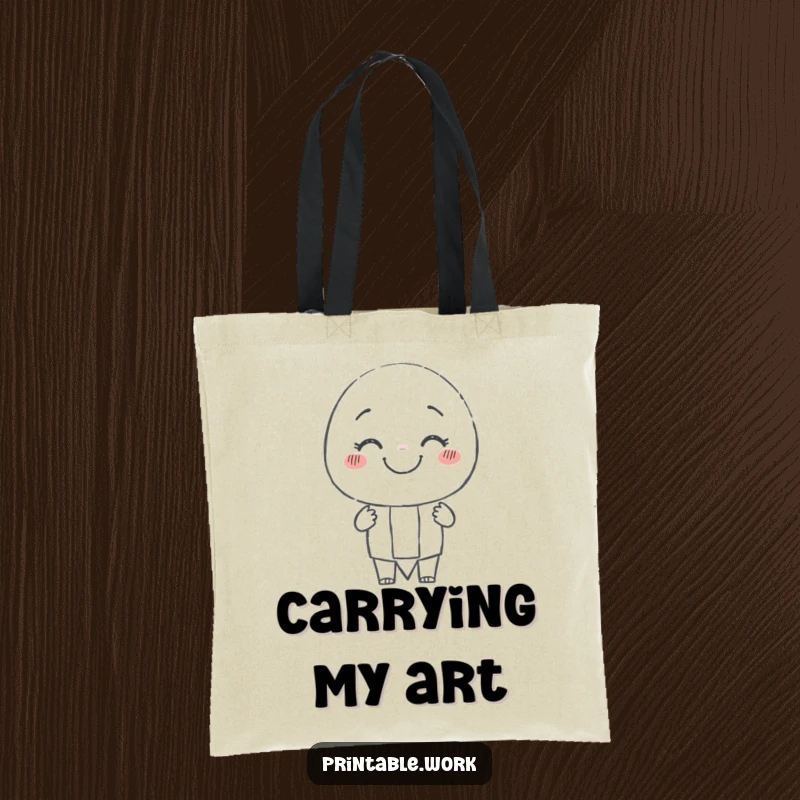 Funny smiling pencil character tote bag, cheerfully drawing a wobbly line, perfect for carrying art supplies with a creative flair.