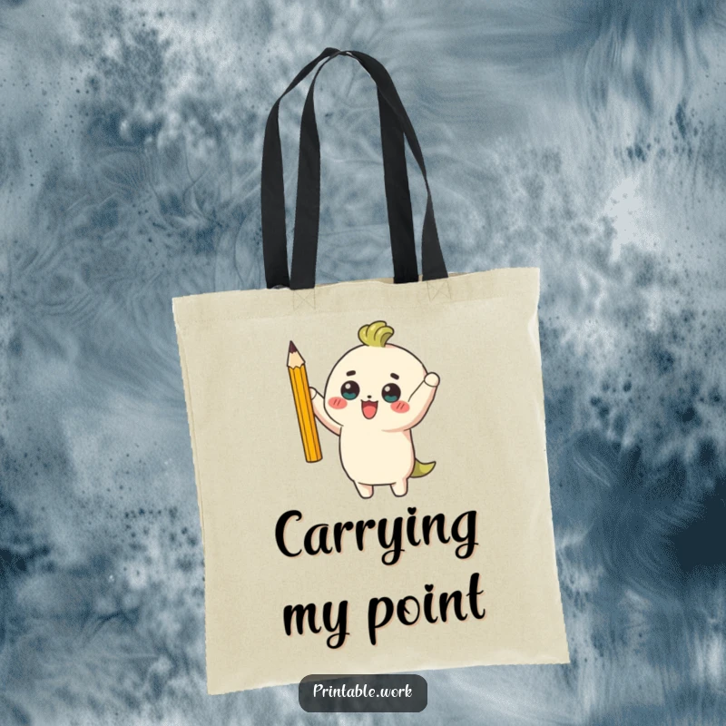 Funny tote bag featuring a triumphant character holding a perfectly sharpened pencil, ideal for carrying essentials with a humorous flair.
