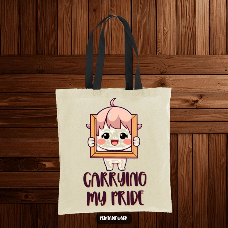 Funny Tote Bag: Beaming character holds a framed picture, a heartwarming and humorous accessory for carrying memories.