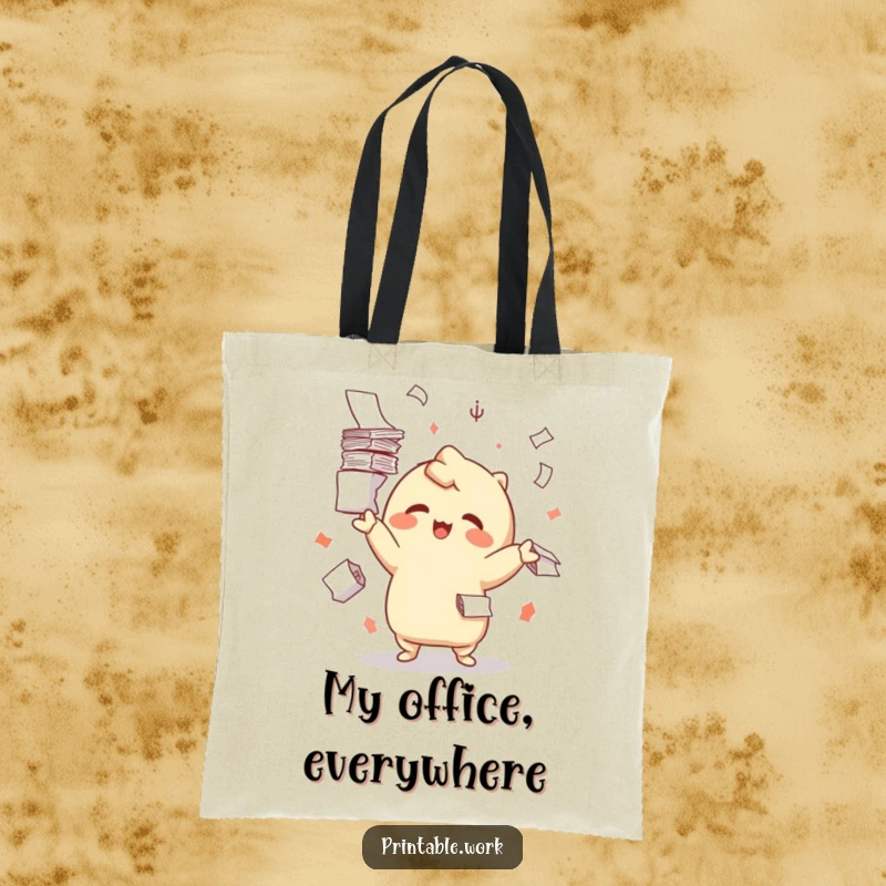 Funny tote bag showing a delighted Kawaii character juggling hefty stacks of paper, perfect for busy individuals.