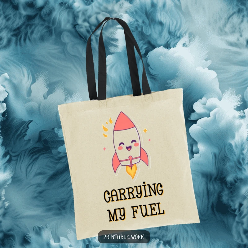Funny tote bag design with a giggling paper rocket character blasting off with flames, perfect for carrying items with a humorous space theme.