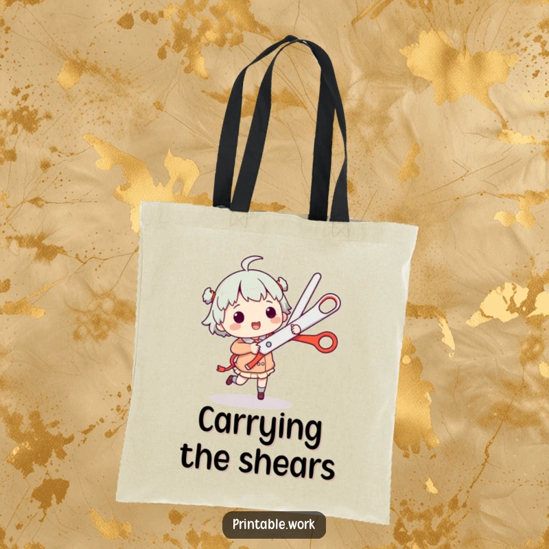 Funny Tote Bag: Character does a jig with giant scissors, a humorous and practical accessory for carrying essentials.