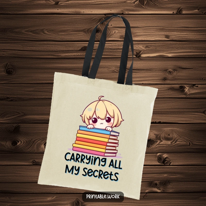 Funny Tote Bag: Shy Kawaii character peeking around colorful book pages, a practical and humorous accessory.
