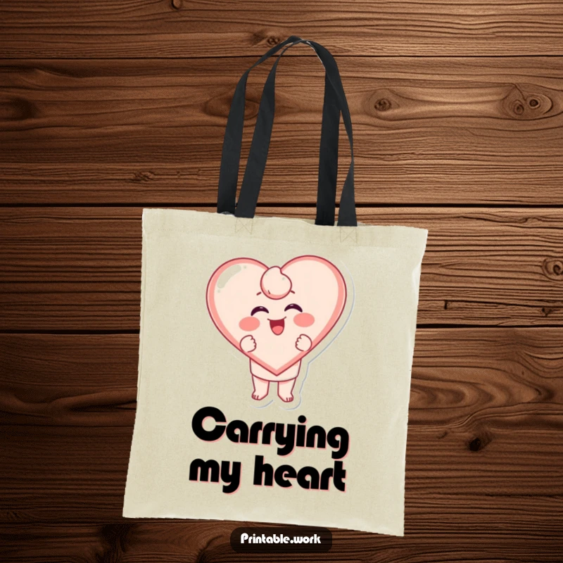 Funny Stamping Heart Tote Bag: A character excitedly stamping a giggling heart shape, perfect for carrying love.