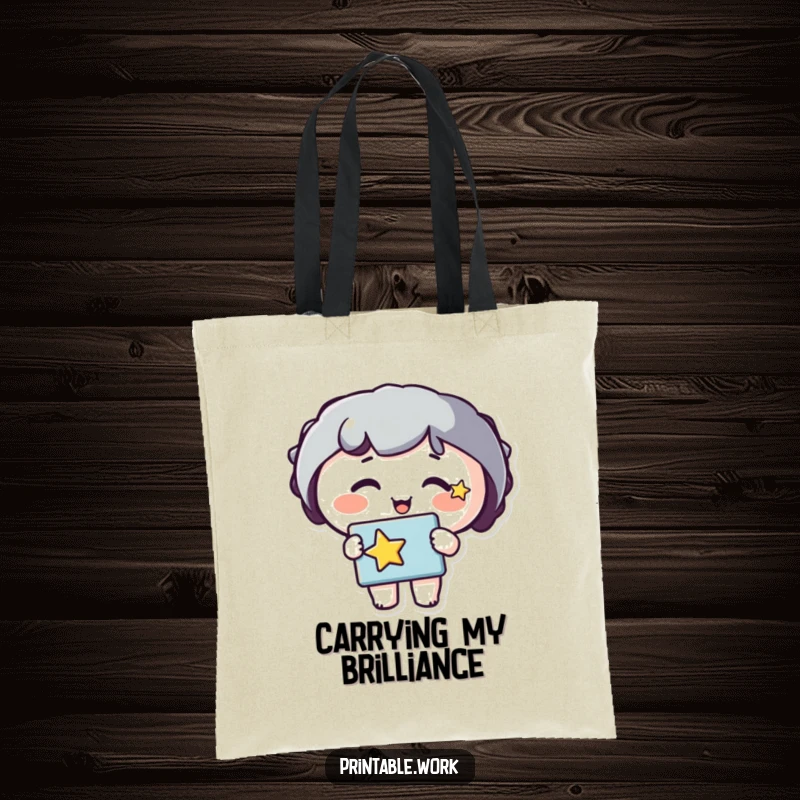 Funny tote bag with a happy character, star on cheek, holding a stencil. Ideal for artists carrying supplies.