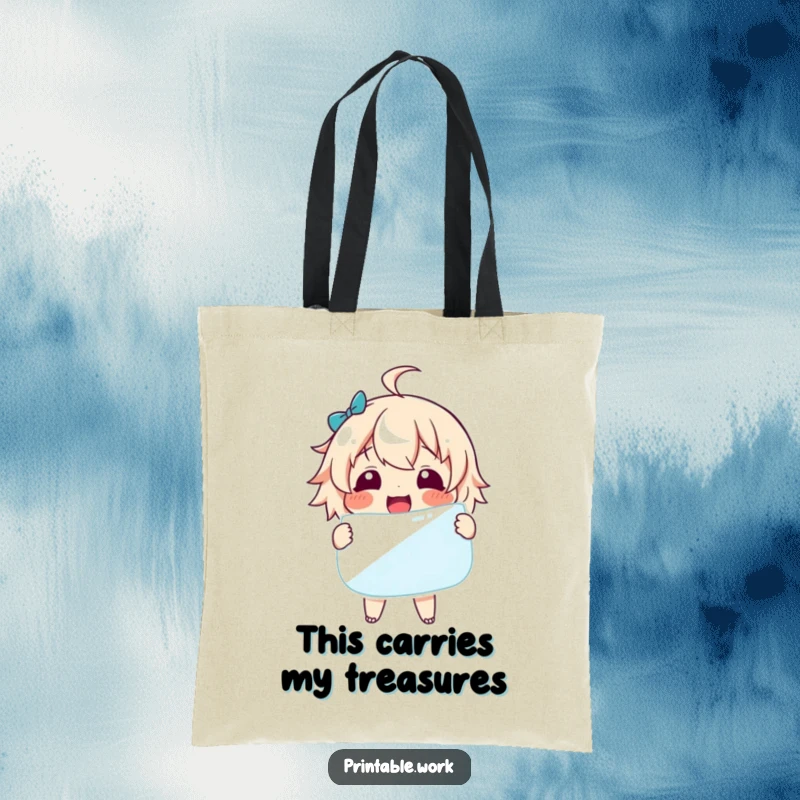 Funny Tote Bag: A delighted character joyfully clutches a giant sticker, ideal for carrying shopping with humor.
