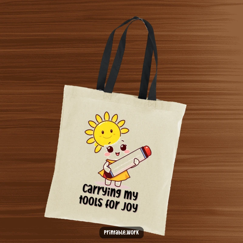 Funny Tote Bag: A cute character uses a giant marker to draw a beaming, smiling sun.