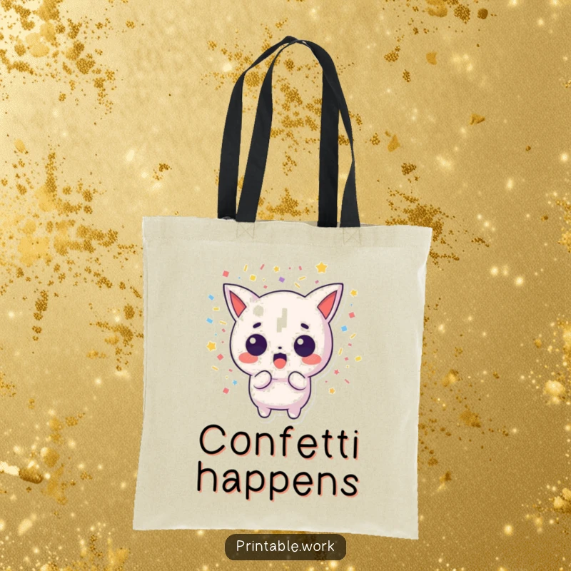Funny tote bag featuring a surprised Kawaii character and exploding confetti, a stylish and humorous accessory.