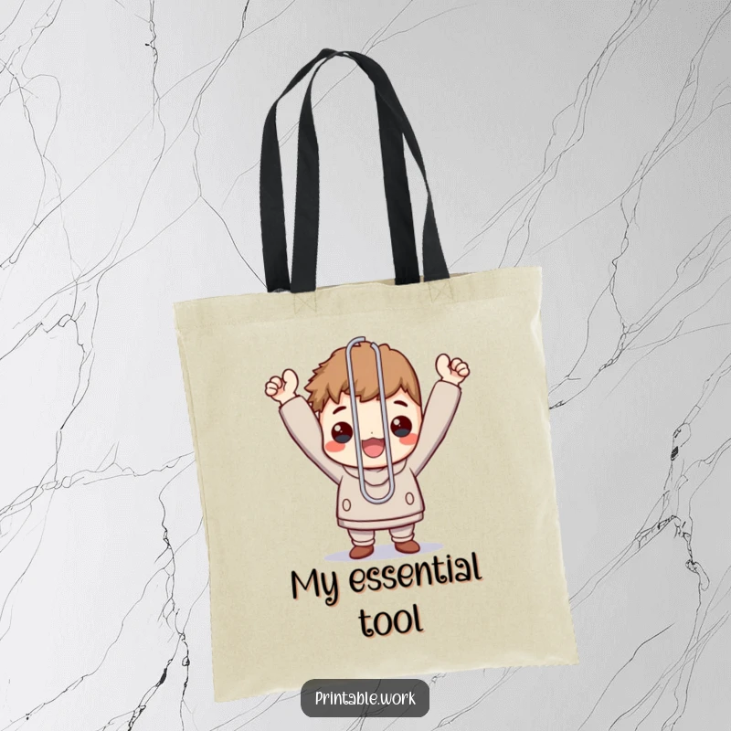 Funny tote bag with a character triumphantly holding a single, oversized paperclip, representing task mastery.