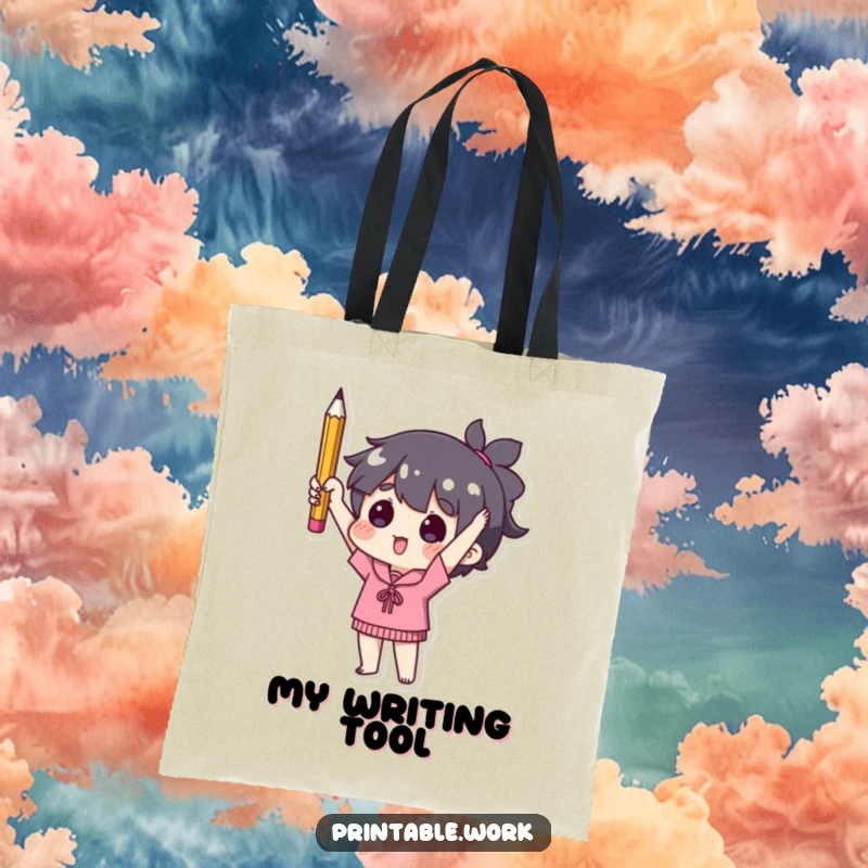 Funny tote bag featuring a character proudly holding a single used pencil, ideal for carrying groceries or books with a minimalist theme.