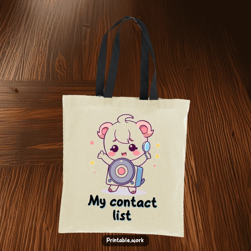 Funny Kawaii Rolodex Tote Bag with a cute Kawaii character doing a silly dance next to a rolodex, a charming and humorous accessory.