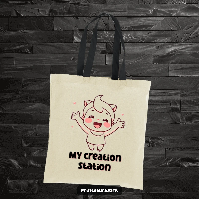 Funny tote bag with a cute, smiling character actively decorating a printable item with colorful elements.