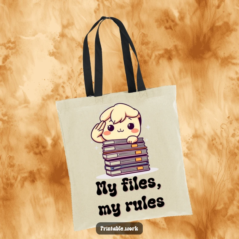Funny Kawaii Tote Bag: A cheerful character saluting a huge pile of office files, ready to carry anything with determination.