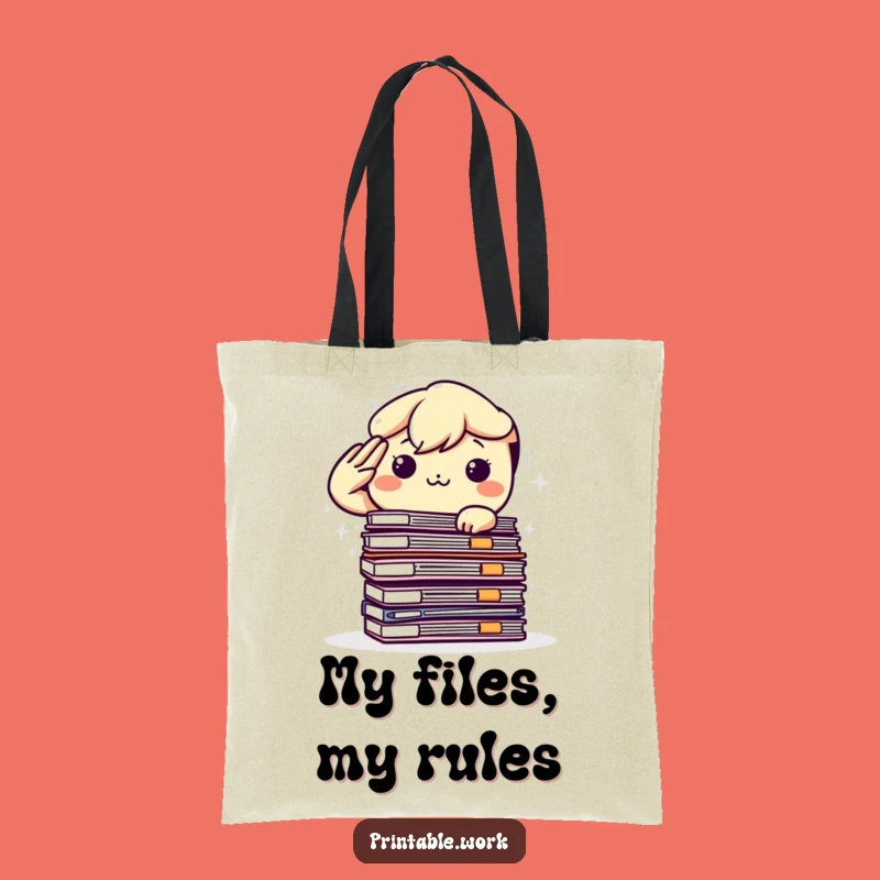 Funny Kawaii Office Champ Tote Bag: Determined Character Salutes Files, Perfect Funny Gift