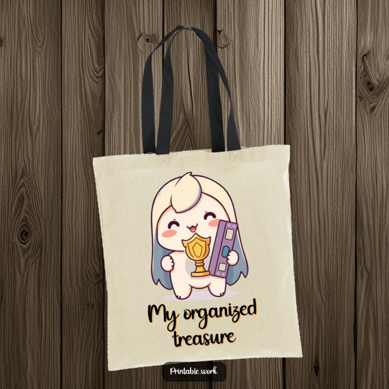 Funny Kawaii Tote Bag: Character proudly holds a single, perfectly organized binder like a trophy, showcasing neatness.