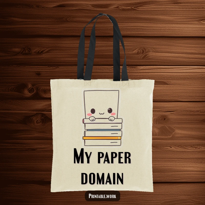 Funny tote bag: Paper character shyly peeking from behind a stack of documents, practical and humorous accessory.