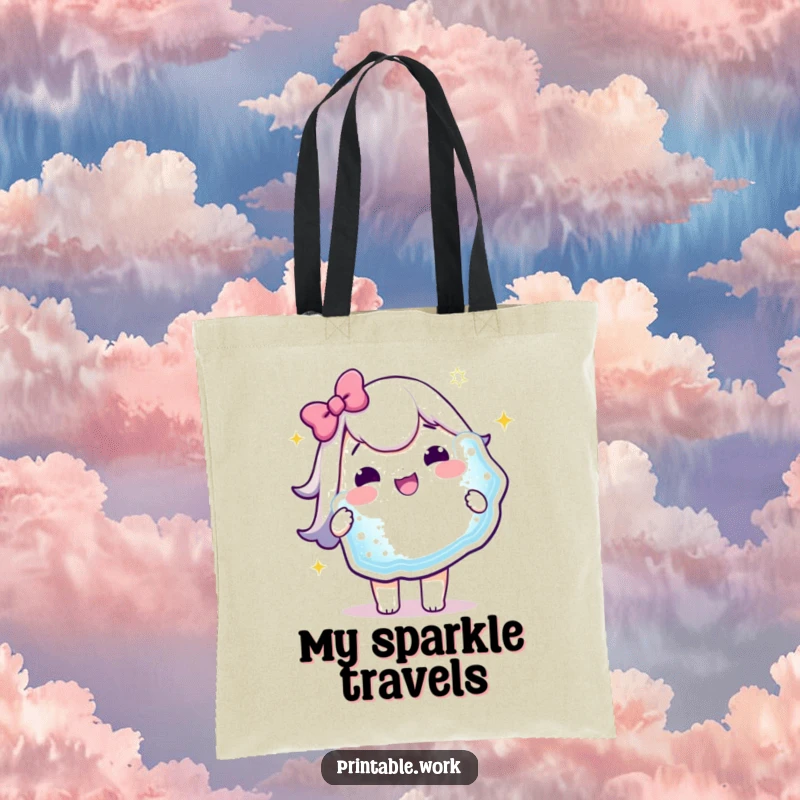 Funny Tote Bag: A delighted Kawaii character proudly displays a huge, sparkling sticker, perfect for carrying essentials.