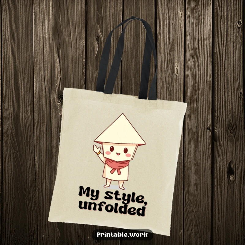 Funny Tote Bag featuring a paper character in a folded hat, striking a chic and confident pose.