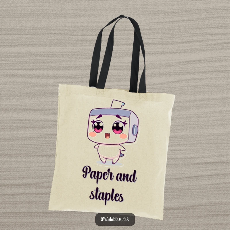 Funny tote bag: Wide-eyed printer character comically startled by a flying staple, practical and humorous accessory.